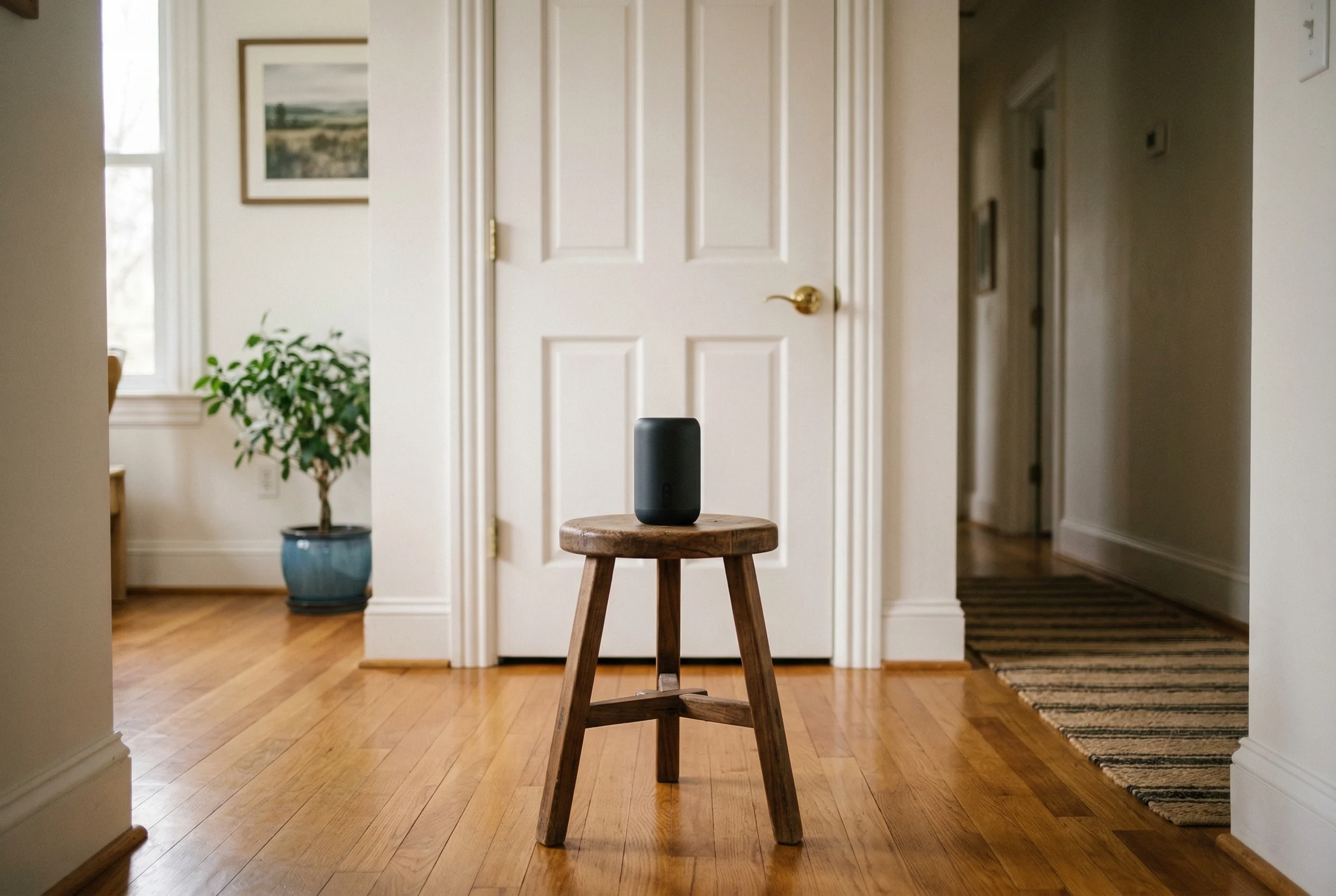 Bluetooth or AirPlay speaker placed on a stool facing a closed door