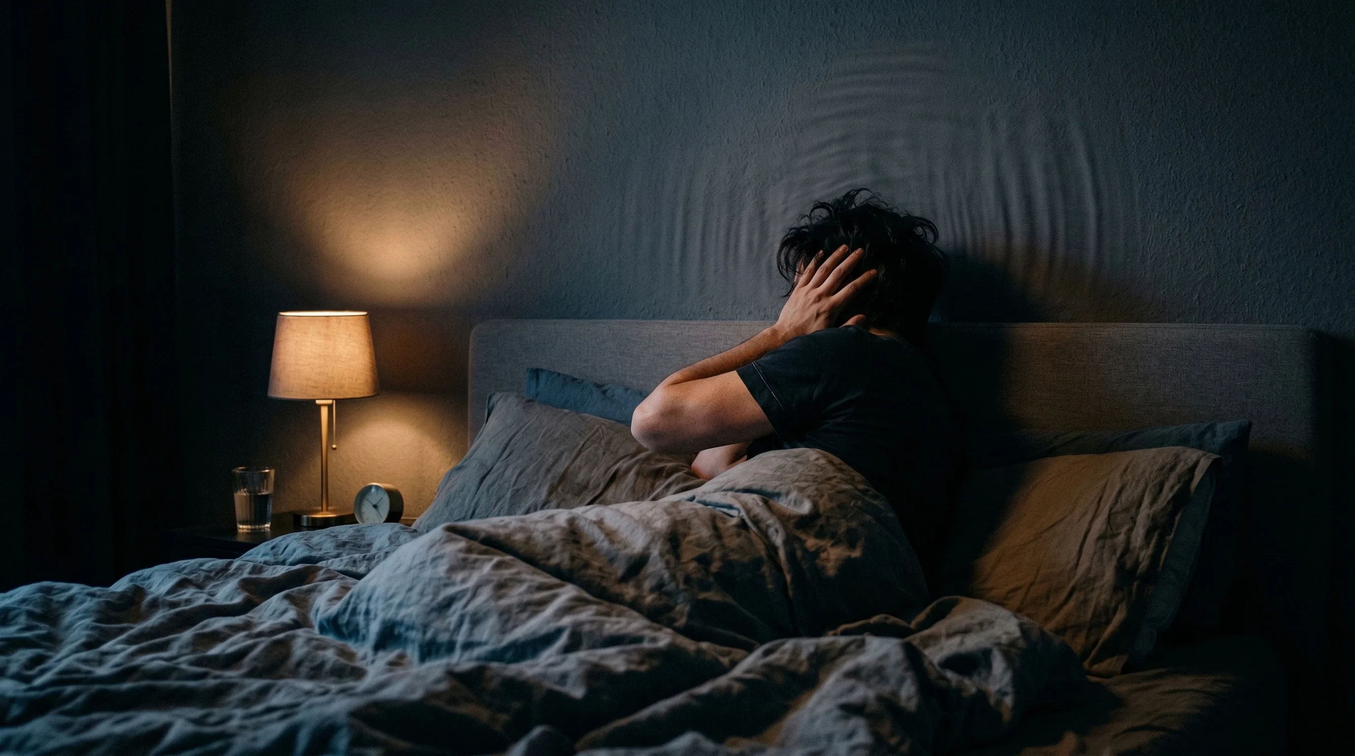 Person in bed covering ears from bass noise through wall